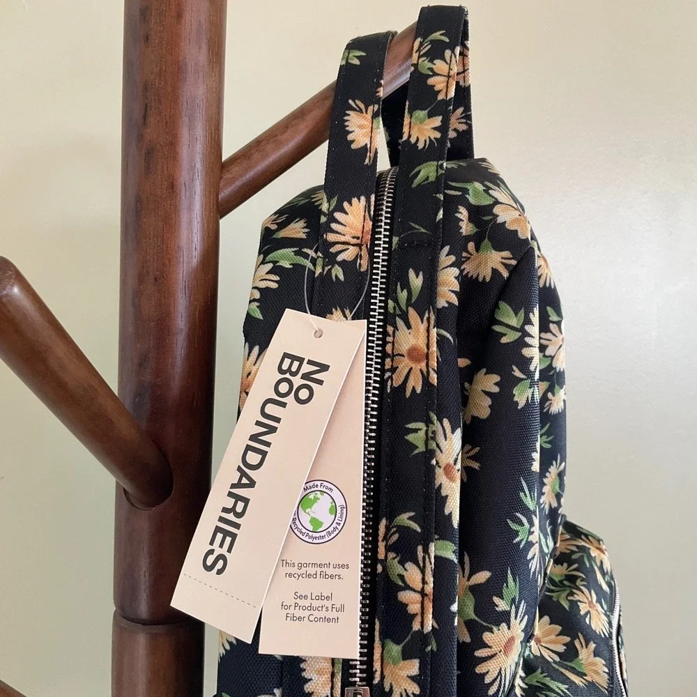 No Boundaries Floral Daisy Backpack Black Recycled Canvas School‎ Travel Bag NWT